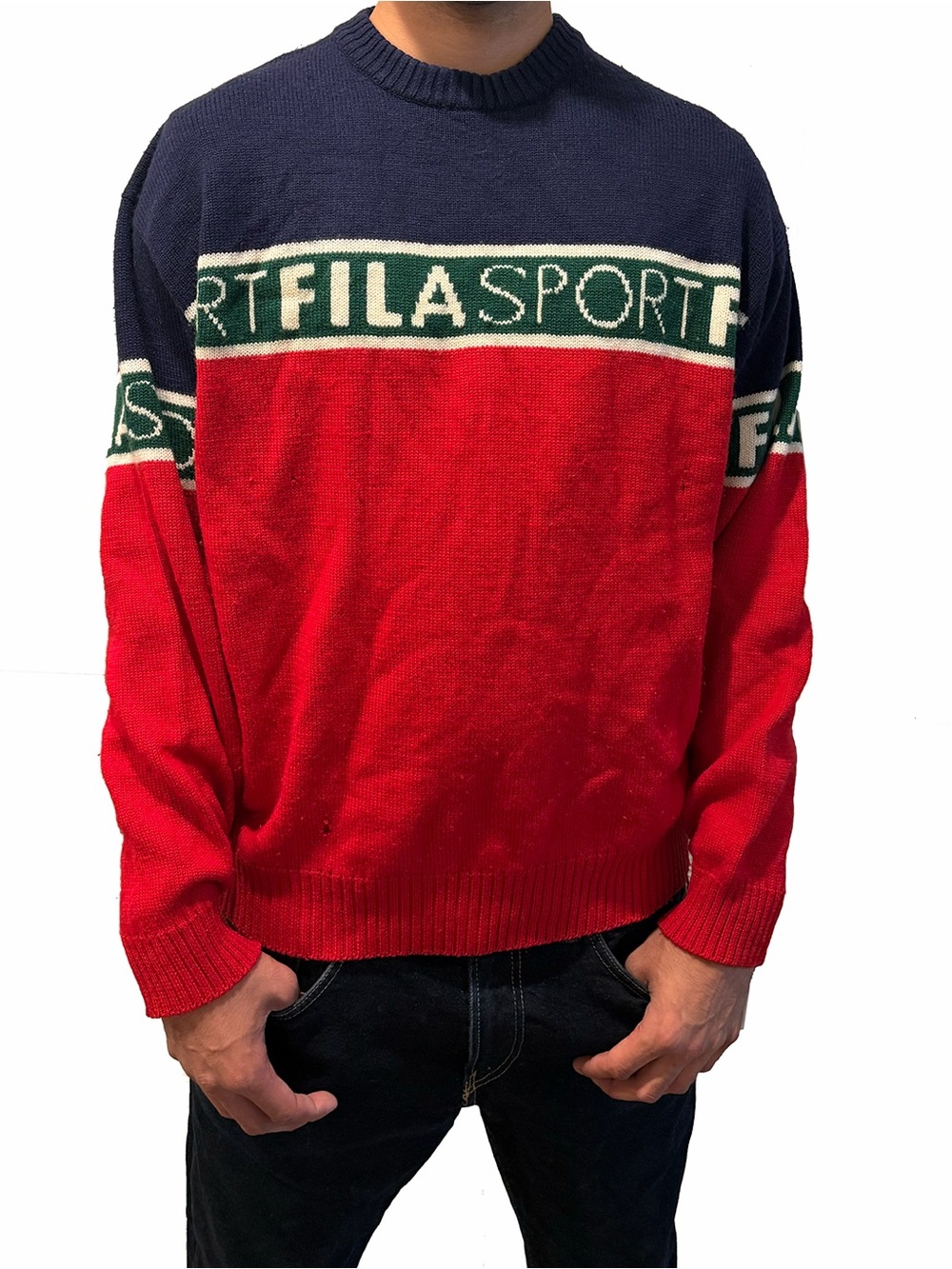 Vintage Fila Red and Navy Crewneck Sweater with Green Accent